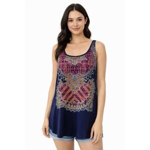 Spoiled Women's XL Boho Tank Top Navy Tribal Print Sleeveless Casual Bohemian